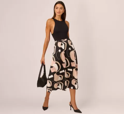Adrianna Papell Abstract Print A Line Satin Midi Skirt In Black Modern Art BLACKMODERNART Discount