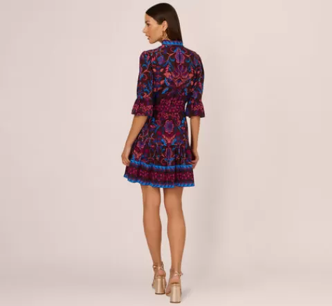 Adrianna Papell Abstract Print Button Down Dress With Three Quarter Bell Sleeves In Brown Multi BROWNMULTI New
