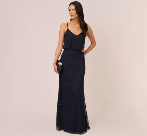 Adrianna Papell Art Deco Beaded Blouson Gown In Navy Black NAVY-BLACK Online