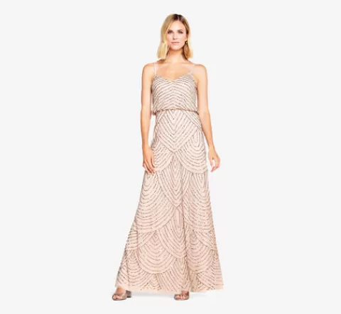 Adrianna Papell Art Deco Beaded Blouson Gown In Taupe Pink TAUPE-PINK Fashion