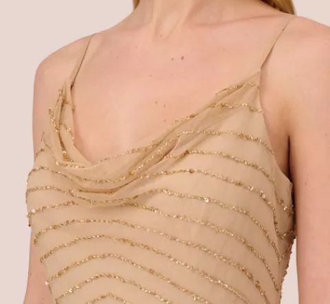 Adrianna Papell Art Deco Beaded Mermaid Gown With Cowl Neckline In Champagne Gold CHAMPAGNE-GOLD Flash Sale