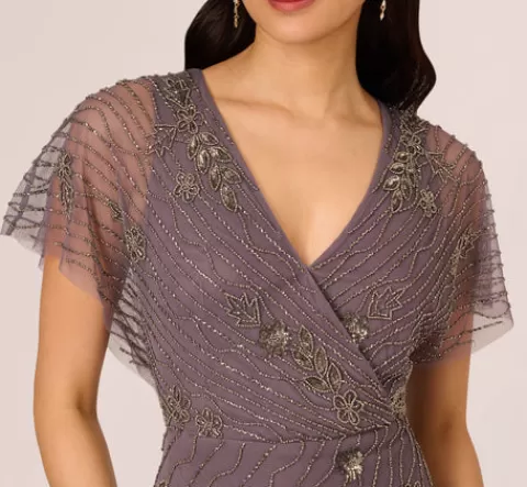 Adrianna Papell Beaded Ankle Length Dress With Sheer Flutter Sleeves In MOONSCAPE Flash Sale