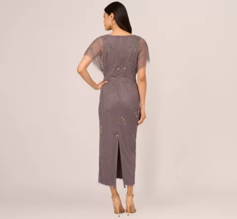 Adrianna Papell Beaded Ankle Length Dress With Sheer Flutter Sleeves In MOONSCAPE Flash Sale