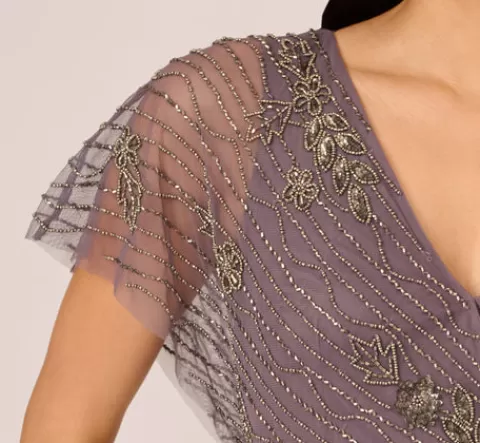 Adrianna Papell Beaded Ankle Length Dress With Sheer Flutter Sleeves In MOONSCAPE Flash Sale