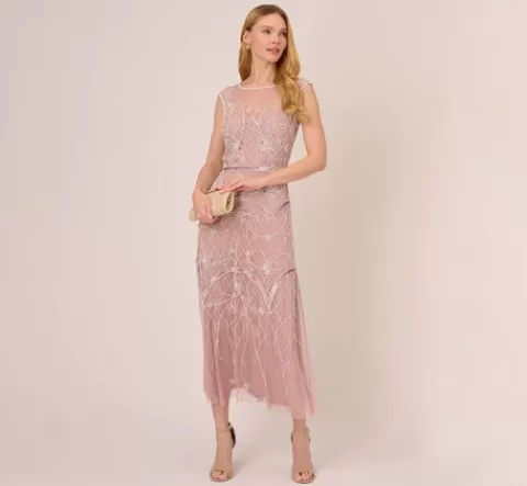 Adrianna Papell Beaded Ankle-Length Dress With Sheer Neckline In Dusted Petal Ivory DUSTEDPETAL-IVORY Discount