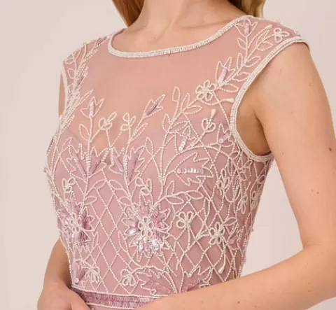 Adrianna Papell Beaded Ankle-Length Dress With Sheer Neckline In Dusted Petal Ivory DUSTEDPETAL-IVORY Discount