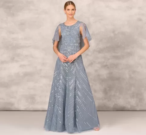 Adrianna Papell Beaded Ball Gown With Cape Sleeves In Vintage Blue VINTAGEBLUE Flash Sale