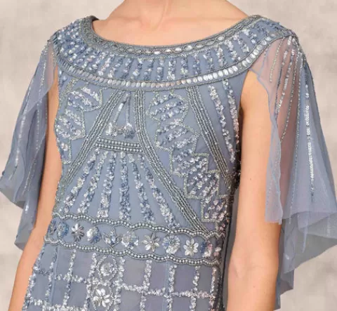 Adrianna Papell Beaded Ball Gown With Cape Sleeves In Vintage Blue VINTAGEBLUE Flash Sale