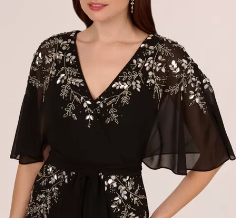 Adrianna Papell Beaded Chiffon Ankle Length Gown With Dolman Sleeves In BLACK Clearance