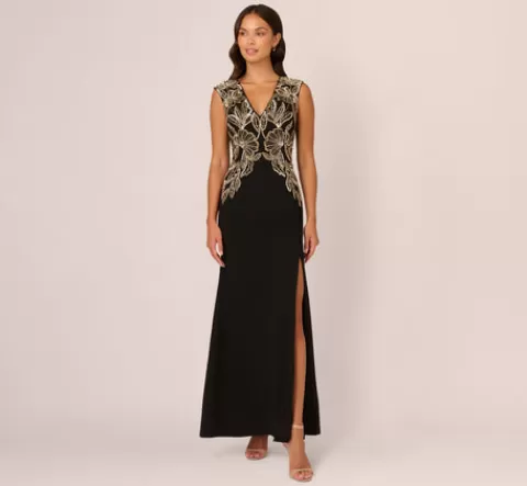 Adrianna Papell Beaded Crepe Long Dress In BLACK Shop