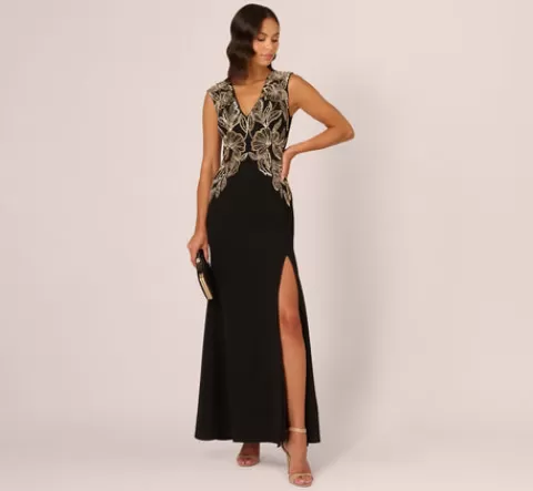 Adrianna Papell Beaded Crepe Long Dress In BLACK Shop