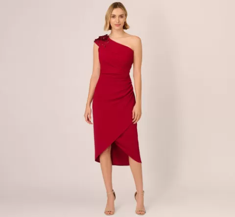 Adrianna Papell Beaded Crepe One Shoulder Wrap Dress In CRANBERRY Flash Sale