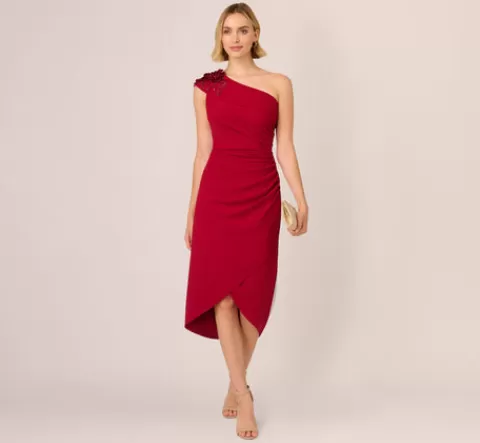 Adrianna Papell Beaded Crepe One Shoulder Wrap Dress In CRANBERRY Flash Sale