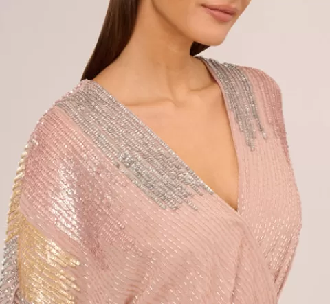 Adrianna Papell Beaded Faux Wrap Dress With Dolman Sleeves In Rose Gold ROSEGOLD Online