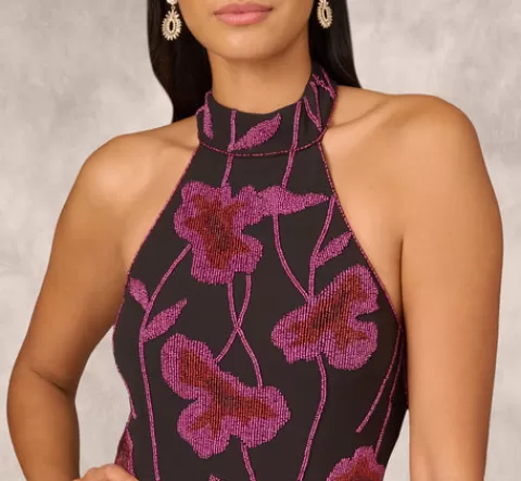 Adrianna Papell Beaded Floral Halter Column Gown With Mock Neck In Black Multi BLACKMULTI Best Sale