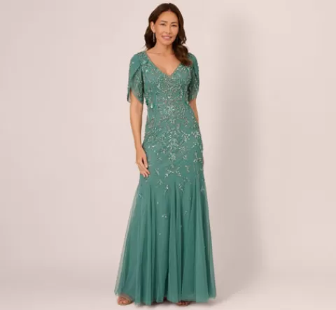 Adrianna Papell Beaded Mermaid Gown With Sheer Petal Sleeves In Green Slate GREENSLATE Best Sale