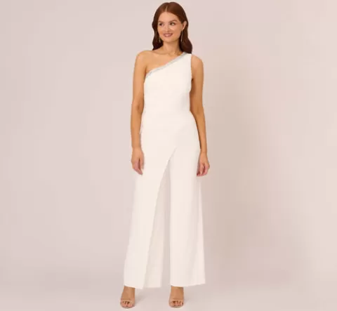 Adrianna Papell Beaded One-Shoulder Matte Jersey Jumpsuit In IVORY Sale