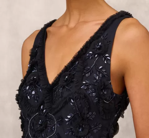 Adrianna Papell Beaded Ruffle Sleeveless Gown With V-Neck And Back In TWILIGHT Clearance