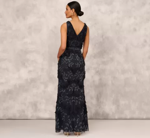 Adrianna Papell Beaded Ruffle Sleeveless Gown With V-Neck And Back In TWILIGHT Clearance