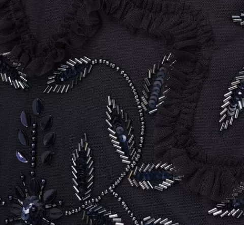 Adrianna Papell Beaded Ruffle Sleeveless Gown With V-Neck And Back In TWILIGHT Clearance