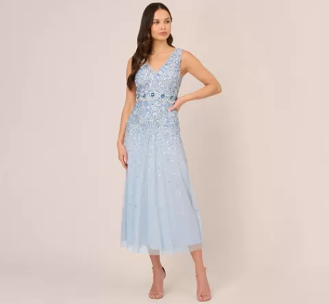 Adrianna Papell Beaded Sleeveless Ankle Length Gown With V Back In Elegant Sky ELEGANTSKY Clearance