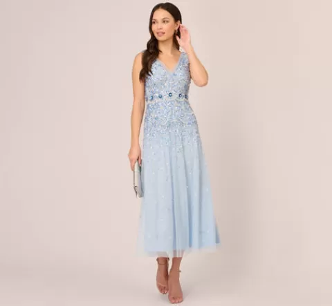 Adrianna Papell Beaded Sleeveless Ankle Length Gown With V Back In Elegant Sky ELEGANTSKY Clearance