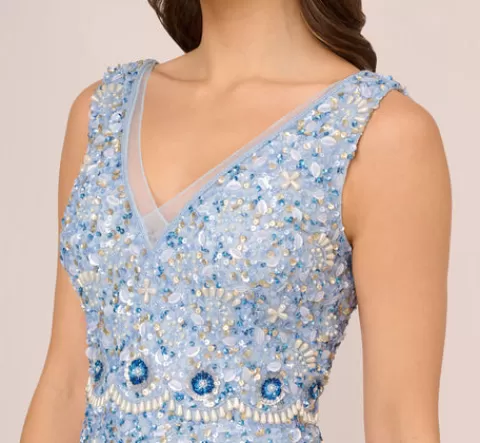 Adrianna Papell Beaded Sleeveless Ankle Length Gown With V Back In Elegant Sky ELEGANTSKY Clearance