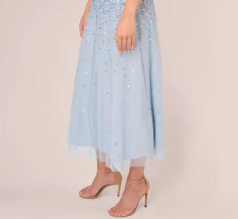 Adrianna Papell Beaded Sleeveless Ankle Length Gown With V Back In Elegant Sky ELEGANTSKY Clearance
