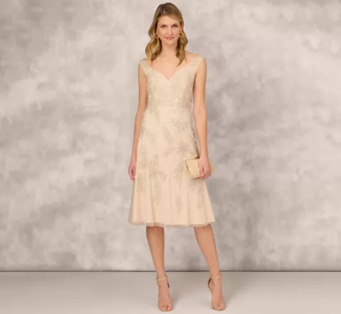 Adrianna Papell Beaded Sleeveless Midi Dress With Sweetheart Neckline In CHAMPAGNE Clearance