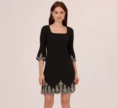 Adrianna Papell Beaded Three Quarter Sleeve Crepe Dress With Scallop Edges In BLACK Best Sale