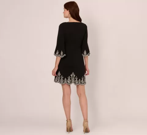 Adrianna Papell Beaded Three Quarter Sleeve Crepe Dress With Scallop Edges In BLACK Best Sale
