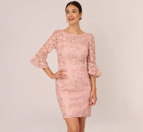 Adrianna Papell Bell Sleeve Rose Embroidered Sheath Dress In Dusty Rose DUSTYROSE New