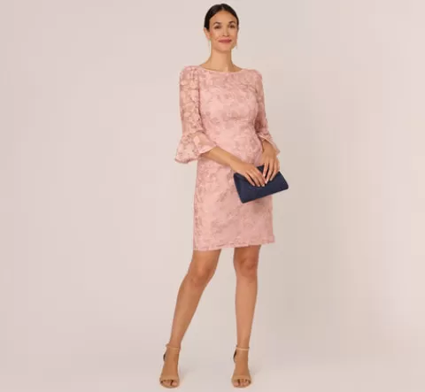 Adrianna Papell Bell Sleeve Rose Embroidered Sheath Dress In Dusty Rose DUSTYROSE New