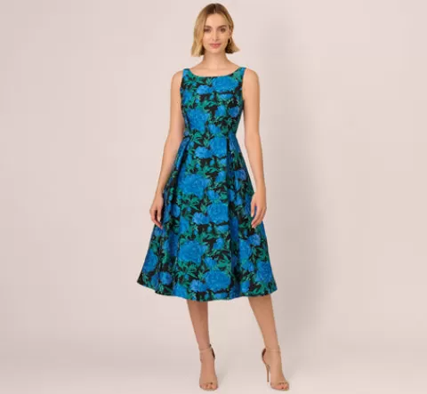 Adrianna Papell Boat Neck Jacquard Midi Dress In Blue Green BLUE-GREEN Fashion