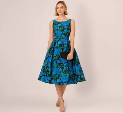 Adrianna Papell Boat Neck Jacquard Midi Dress In Blue Green BLUE-GREEN Fashion