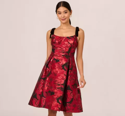Adrianna Papell Bow Jacquard Short Dress In Black Red BLACK-RED Cheap