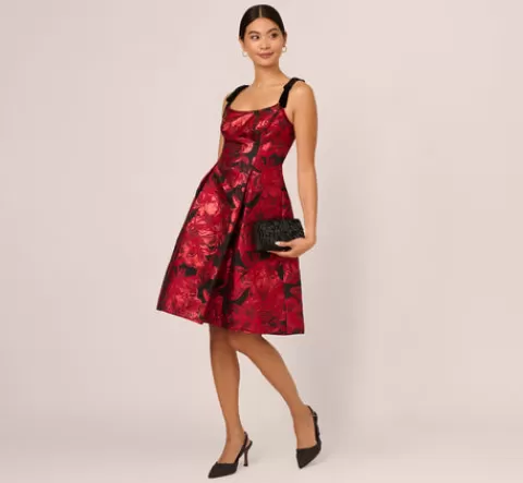 Adrianna Papell Bow Jacquard Short Dress In Black Red BLACK-RED Cheap