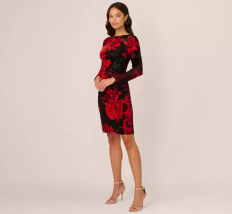 Adrianna Papell Burnout Velvet Sheath Dress In Black Red BLACK-RED Sale