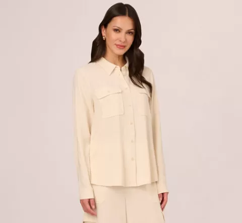 Adrianna Papell Button Up Utility Top With Pockets In BARLEY Fashion