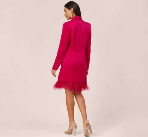 Adrianna Papell Charmeuse Tuxedo Short Sheath Cocktail Dress With Feather Trim In Bright Rose BRIGHTROSE Cheap