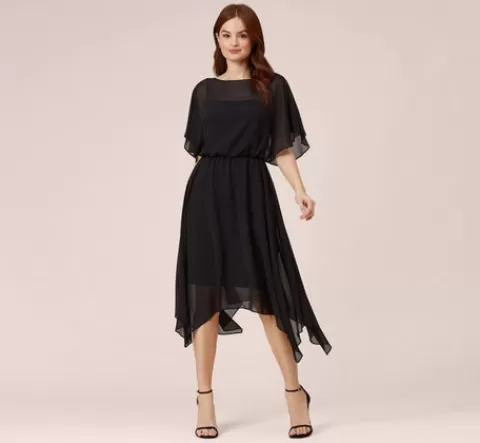 Adrianna Papell Chiffon Blouson Midi Dress With Flutter Sleeves In BLACK Flash Sale