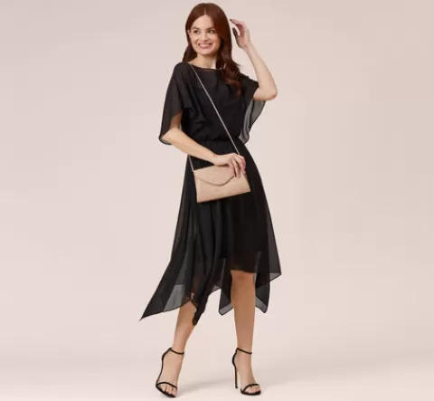 Adrianna Papell Chiffon Blouson Midi Dress With Flutter Sleeves In BLACK Flash Sale