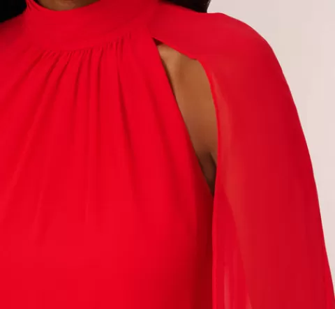 Adrianna Papell Chiffon Cape Sheath Dress With Ruffle Details In Red Crush REDCRUSH Hot