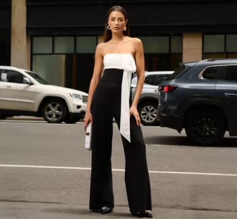 Adrianna Papell Colorblock Crepe Strapless Jumpsuit With Bow Accent In Black White BLACK-WHITE Best