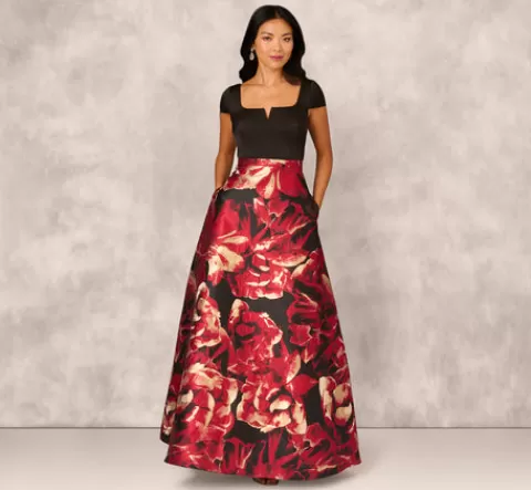 Adrianna Papell Combo Fabric Cap Sleeve Gown In Black Red Multi BLACK-REDMULTI Store
