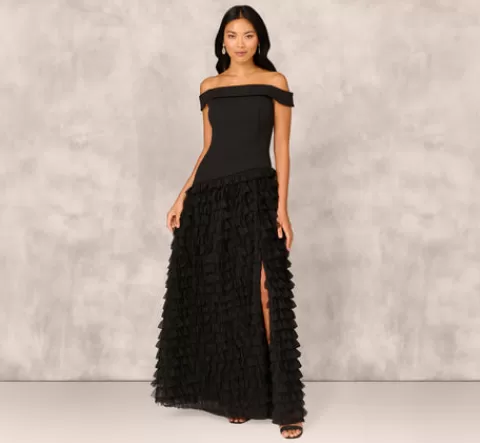 Adrianna Papell Combo Fabric Drop Waist Ballgown In BLACK Hot