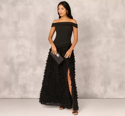 Adrianna Papell Combo Fabric Drop Waist Ballgown In BLACK Hot