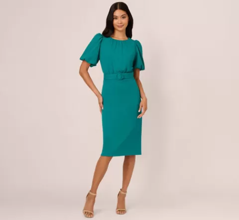 Adrianna Papell Crepe Bubble Sleeve Belted Dress In Tempo Teal TEMPOTEAL Best Sale