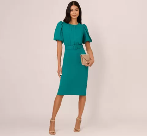 Adrianna Papell Crepe Bubble Sleeve Belted Dress In Tempo Teal TEMPOTEAL Best Sale