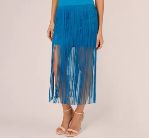 Adrianna Papell Crepe Fringe Dress With Double Spaghetti Straps And V Back In Deep Cerulean DEEPCERULEAN Store